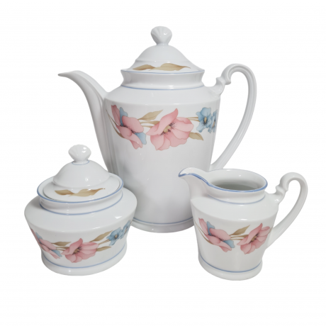 Набор для чая винтажный Winterling Marktleuthen Bavaria с розовыми и голубыми цветами, чайник, молочник, сахарница, фарфор, Германия, 1970-80гг.