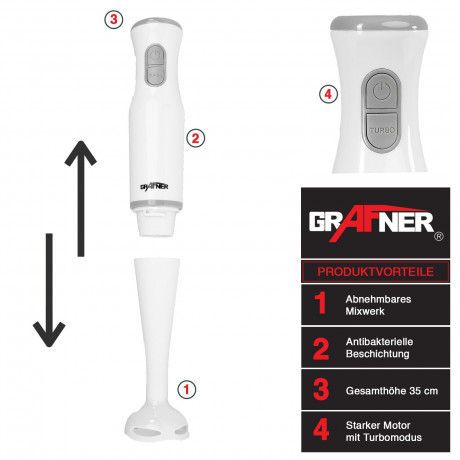 Grafner Grafner Stabmixer Stabmixer Purierstab Mixer Zerkleinerer Edelstahlmesser, 200,00 W, Klingen-System aus Edelstahl  Ручной блендер Grafner Ручной блендер Purier Стержень-миксер-измельчитель Нож из нержавеющей стали, 200,00 Вт, система лезвий из нер