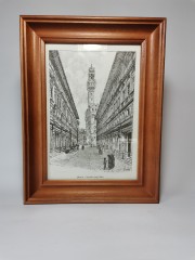 Картина винтажная Firenze "Галерея Уффици" / худ. Dosso, графика, в деревянной раме, 37,5 х 27,5 см, Италия, 1960-70гг.
