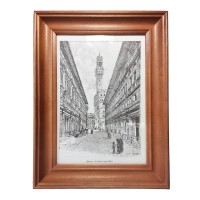 Картина винтажная Firenze "Галерея Уффици" / худ. Dosso, графика, в деревянной раме, 37,5 х 27,5 см, Италия, 1960-70гг.