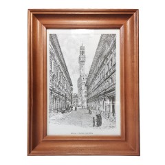 Картина винтажная Firenze "Галерея Уффици" / худ. Dosso, графика, в деревянной раме, 37,5 х 27,5 см, Италия, 1960-70гг.