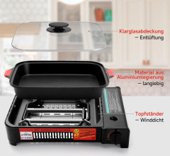 HOMELUX HOMELUX Gaskocher Camping Gasgrill+Grillpfanne+Glasdeckel+Gaskartuschen Campinggrill, (4-St), 2,2KW  Газовая плита HOMELUX походный газовый гриль + сковорода-гриль + стеклянная крышка + газовые баллончики походный гриль, (4 шт.), 2,2 кВт