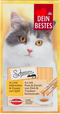 Dein Bestes Schnurr, Snack für Katzen, 4 x mit Hühnchen & Zusatz von Q10, 4 x mit Pute & Zusatz von Zink und Traubenkernextrakt, 120 g, Снэк для кошек, 4 порции с курицей и добавлением Q10 + 4 порции с индейкой и добавлением цинка и экстракта виноградных