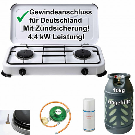 BlueCraft BlueCraft Gaskocher Camping Gas-Kocher 2-flammig mit Zundsicherung, mit Gasschlauch, Gasregler und Gasflasche 10kg, leer  Газовая плита BlueCraft, газовая плита для кемпинга, 2 пламени, с предохранителем, с газовым шлангом, газовым регулятором и