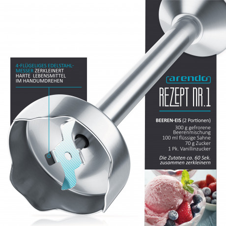 Arendo Arendo Stabmixer, 1000 W, Edelstahl Purierstab, Handmixer, stufenlose Regelung, silber/schwarz Ручной блендер Arendo, 1000 Вт, очищающий стержень из нержавеющей стали, ручной миксер, бесступенчатое управление, серебристый/черный