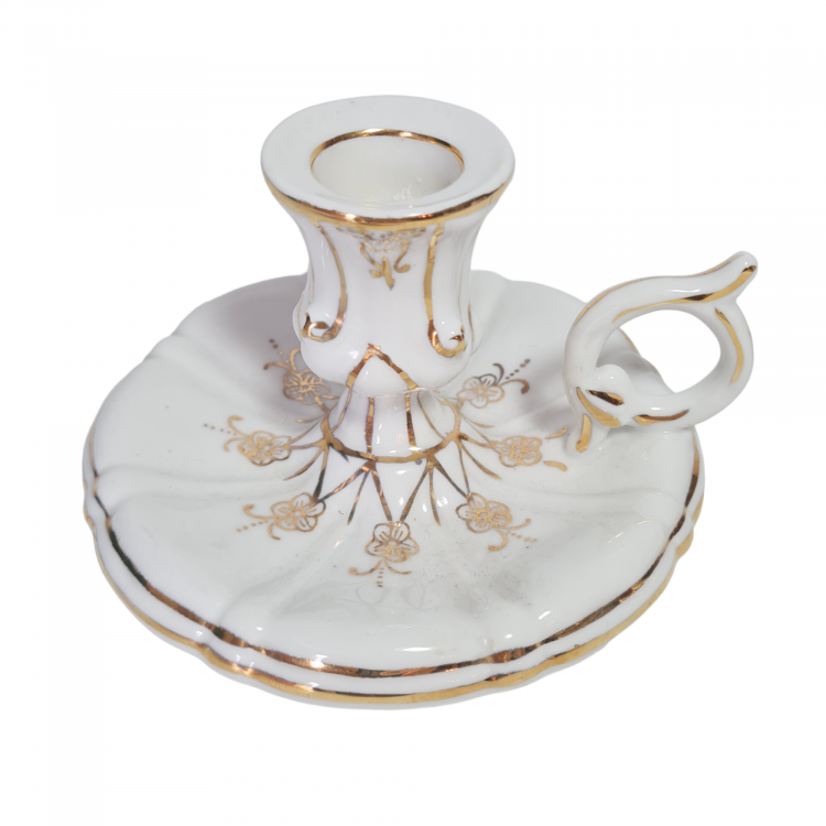 Подсвечник винтажный Bavaria c основанием в виде блюдца и ручкой, золотистый декор, фарфор, 13 см, Германия, 1960-70гг. Подсвечник винтажный Bavaria c основанием в виде блюдца и ручкой, золотистый декор, фарфор, 13 см, Германия, 1960-70гг.