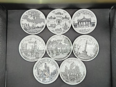 Набор тарелок декоративных винтажных HLR Berlin с изображениями достопримечательностей Берлина, в ч/б, фарфор, 8 шт., 10 см, Германия, 1970-80гг.