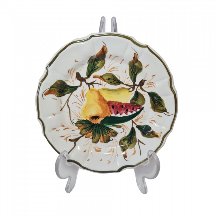 Тарелка декоративная винтажная Keramik Wandteller, белая керамика с ярким рисунком фруктов, ручная работа, 15 x 2 см, Германия, 1960-70гг.