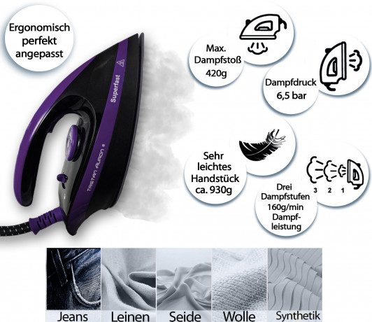Tristan Auron Tristan Auron Dampfbugelstation Superfast Dampfbugelstation -6.5bar -2800W -420g/Min -1,7 L Wassertank blau Паровая гладильная станция Tristan Auron Сверхбыстрая паровая гладильная станция -6,5 бар -2800 Вт -420 г/мин -Бак для воды 1,7 л