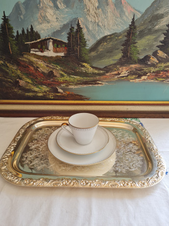 Winterling Kirchenlamitz Bavaria Чайное трио фарфоровое с серым геометрическим рисунком и позолоченным ободком, Германия, 1960-70гг.