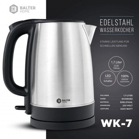 Balter Balter Wasserkocher WK-7, 1,7 Liter, Edelstahl, 2200 Watt, kabellos, Teekocher  Чайник Balter WK-7, 1,7 л, нержавеющая сталь, 2200 Вт, беспроводной, чайник