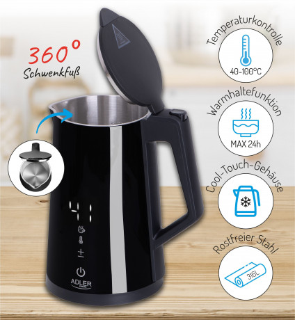 JUNG JUNG Wasserkocher ADLER AD1345S Wasserkocher mit Temperatureinstellung Digital Kettle, 1.7 l, 2200 W, LED Touch Display Digital, 2200W, Edelstahl Kocher Cool Touch Kettle Чайник JUNG Чайник ADLER AD1345S с регулировкой температуры, цифровой чайник,