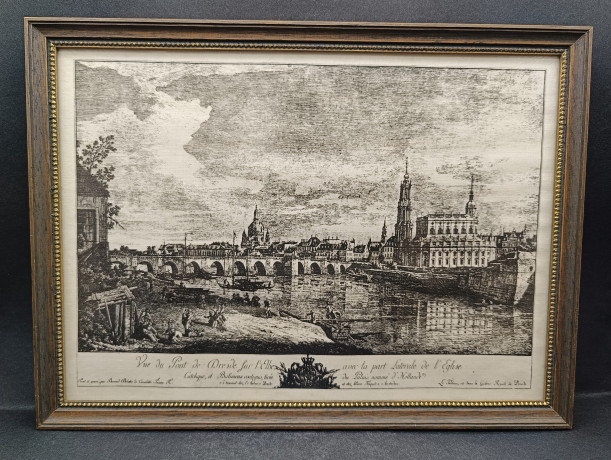 Репродукция гравюры винтажная Dieter Kessel "Перспектива. Дрезденский мост через Эльбу", в раме, под стеклом, 30.5 х 22.5 см, Германия, 1960-70гг.