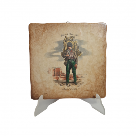 Керамическая винтажная картина "Окрестности Парижа. Торговец рыбой", 20 x 20 см, Италия, 1960-1970гг.