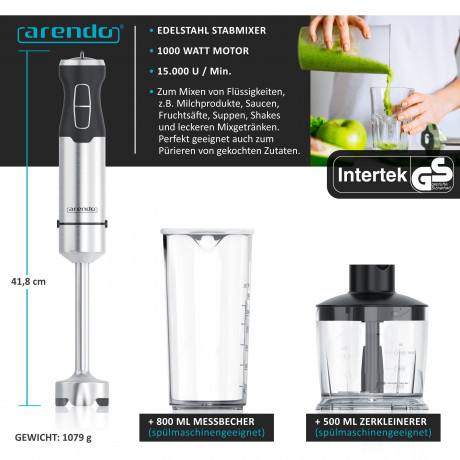 Arendo Arendo Stabmixer, 1000 W, Set, Edelstahl, vierflugeliges Messer, Purierstab, 600 ml Messbecher Ручной блендер Arendo, 1000 Вт, набор, нержавеющая сталь, нож с четырьмя лезвиями, палочка для очистки, мерный стакан 600 мл.