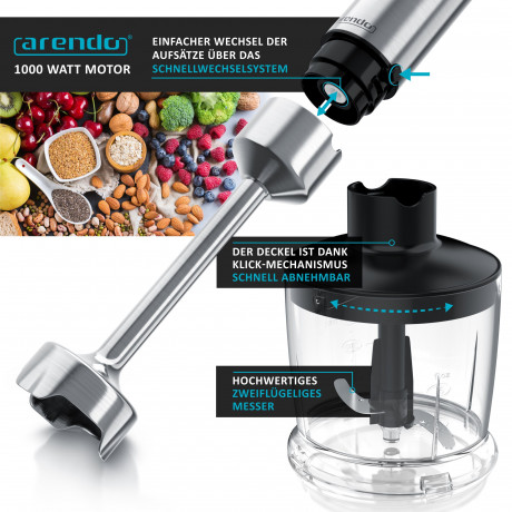 Arendo Arendo Stabmixer, 1000 W, Set, Edelstahl, vierflugeliges Messer, Purierstab, 600 ml Messbecher Ручной блендер Arendo, 1000 Вт, набор, нержавеющая сталь, нож с четырьмя лезвиями, палочка для очистки, мерный стакан 600 мл.