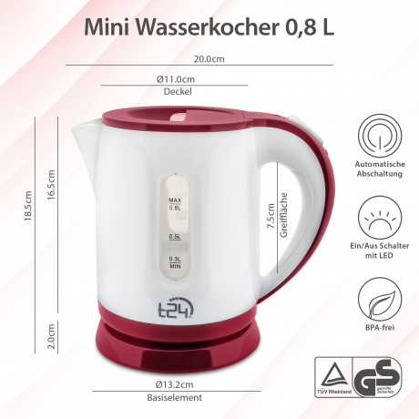 T24 T24 Reise-Wasserkocher Mini Wasserkocher Reisewasserkocher 0,8 Liter /1100 Watt Kettle ROT, 1100 W Дорожный чайник T24, мини-чайник, дорожный чайник, 0,8 л/1100 Вт, чайник RED, 1100 Вт