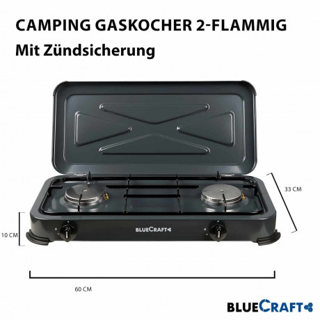 BlueCraft BlueCraft Gaskocher, (Gas-Kochfeld 2 flammen Propangas mit Schlauch und Druckminderer), Campingkocher 2-flammig mit Zundsicherung Gasschlauch Gasregler  Газовая плита BlueCraft, (газовая плита, 2 пламени, пропан, со шлангом и редуктором), походн