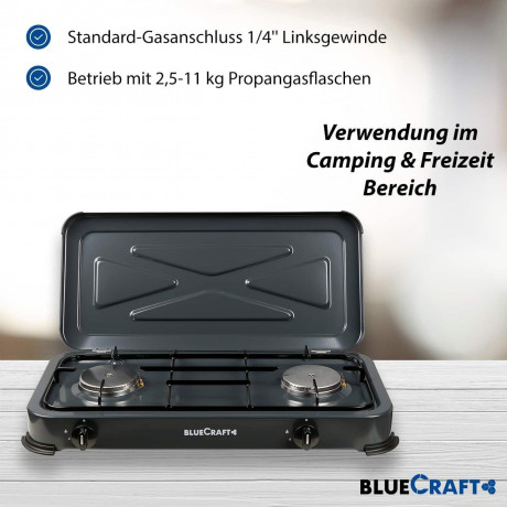 BlueCraft BlueCraft Gaskocher, (Gas-Kochfeld 2 flammen Propangas mit Schlauch und Druckminderer), Campingkocher 2-flammig mit Zundsicherung Gasschlauch Gasregler  Газовая плита BlueCraft, (газовая плита, 2 пламени, пропан, со шлангом и редуктором), походн