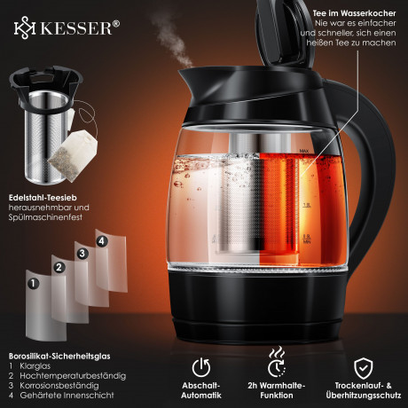 KESSER KESSER Wasserkocher, 1.8 l, 2200 W, 1,8L Edelstahl Wasserkocher 2200W Glaswasserkocher kupfer Чайник KESSER, 1,8 л, 2200 Вт, чайник из нержавеющей стали 1,8 л, стеклянный чайник 2200 Вт