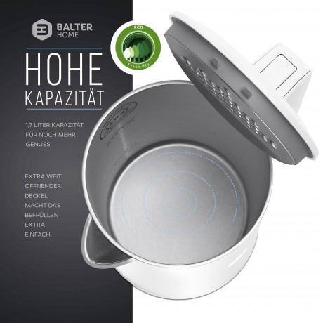 Balter Balter Wasserkocher WK-4, Edelstahl, 1,7 Liter, Doppelwand Design, BPA frei, LED, weiss  Чайник Balter WK-4, нержавеющая сталь, 1,7 литра, конструкция с двойными стенками, без BPA, светодиод, белый
