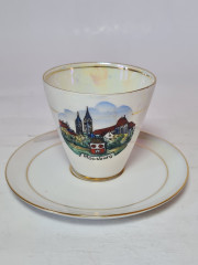 Кофейная пара винтажная Alka Bavaria, белый фарфор с изображением г.Моссбург, 6 x 8 см, 11 см, Германия, 1960-70гг.