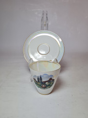 Кофейная пара винтажная Alka Bavaria, белый фарфор с изображением г.Моссбург, 6 x 8 см, 11 см, Германия, 1960-70гг.