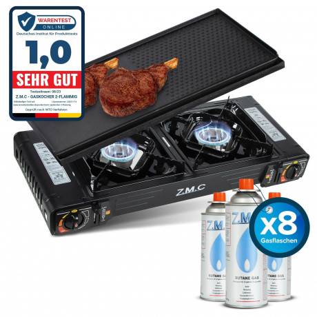 ZMC ZMC Gaskocher PREMIUM 2 flammig Campingkocher Gaskocher Grillplatte+8x Gaskartusche, (Grill Platte Tischgrill Doppel Gasbrenner Gasgrill Kochfeld mit Piezozundung Warmeleistung: 2,0KW), Butan Gas 227g Gaskocher Outdoor Camping Gas Kocher Herd Butangas