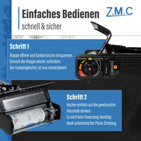 ZMC ZMC Gaskocher PREMIUM 2 flammig Campingkocher Gaskocher Grillplatte+8x Gaskartusche, (Grill Platte Tischgrill Doppel Gasbrenner Gasgrill Kochfeld mit Piezozundung Warmeleistung: 2,0KW), Butan Gas 227g Gaskocher Outdoor Camping Gas Kocher Herd Butangas