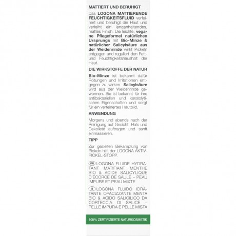 Logona Mattierendes Feuchtigkeitsfluid Bio-Minze & Salicylsaure aus der Weidenrinde  Матирующий увлажняющий флюид с органической мятой и салициловой кислотой из коры ивы