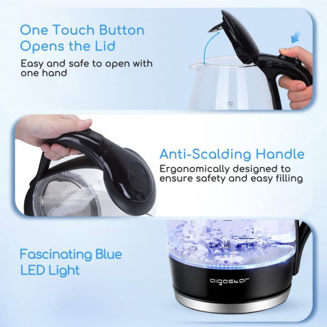 Aigostar Aigostar Wasserkocher Boro-Silikatglas, 1,7 l, 2200,00 W, Abschaltautomatik, Uberhitzungsschutz  Trockenkochschutz  Чайник Айгостар боросиликатное стекло, 1,7 л, 2200,00 Вт, автоматическое отключение, защита от перегрева, защита от выкипания