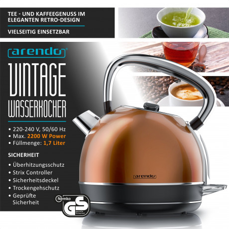 Arendo Arendo Wasserkocher, 1,7 l, 2200 W, Edelstahl Retro Style Vintage, LED Temperaturanzeige, kupfer, Vintage Retro Style Edelstahl-Teekessel im Kupfer Design mit Displayanzeige  Чайник Arendo, 1,7 л, 2200 Вт, нержавеющая сталь, винтажный ретро-стиль, 