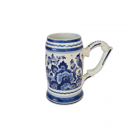 Кружка для пива винтажная Delft Blaue Holland, белый дельфтский фарфор с голубым цветочным декором, 16,5 x 6,5 см, Голландия, 1960-70гг.