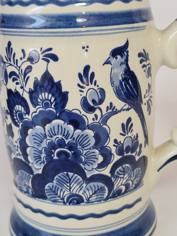 Кружка для пива винтажная Delft Blaue Holland, белый дельфтский фарфор с голубым цветочным декором, 16,5 x 6,5 см, Голландия, 1960-70гг.