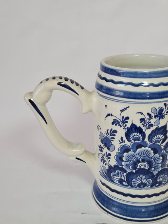 Кружка для пива винтажная Delft Blaue Holland, белый дельфтский фарфор с голубым цветочным декором, 16,5 x 6,5 см, Голландия, 1960-70гг.