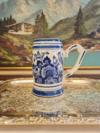 Кружка для пива винтажная Delft Blaue Holland, белый дельфтский фарфор с голубым цветочным декором, 16,5 x 6,5 см, Голландия, 1960-70гг.