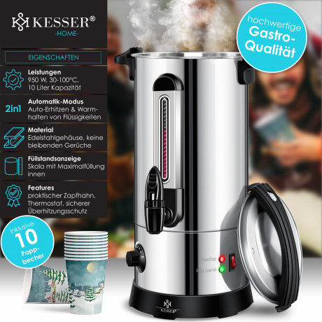 KESSER KESSER Heisswasserspender, Gluhweinkessel 10L Edelstahl Inkl. 10x Becher Gluhweinkocher kupfer Диспенсер для горячей воды KESSER, чайник для глинтвейна, 10 л, нержавеющая сталь, включая 10 чашек для глинтвейна