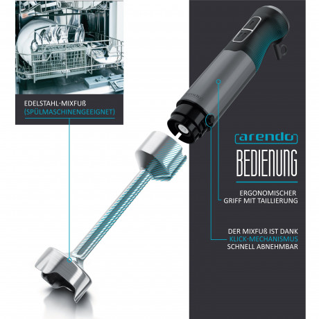 Arendo Arendo Stabmixer, 1000 W, Edelstahl Purierstab mit Messbecher, Handmixer, stufenlose Regelung, Mixfuss lasst sich leicht abnehmen und ist spulmaschinenfest Ручной блендер Arendo, 1000 Вт, стержень для пюре из нержавеющей стали с мерным стаканом, р
