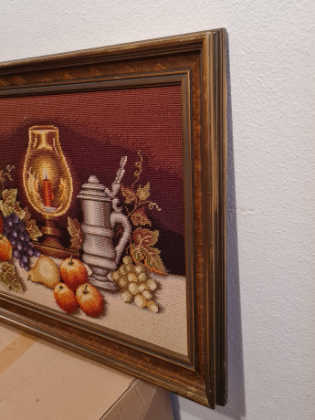 Картина винтажная "Натюрморт с фруктами и бокалами", гобелен, большой формат, 92 х 52 см, в дерев.раме, Германия, 1960-70гг.