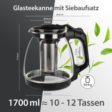 T24 T24 Wasserkocher Glasteekanne mit Edelstahl Teesieb  Uberhitzungsschutz, 1700 ml, 1700 ml  Чайник T24 стеклянный заварочный чайник с ситечком из нержавеющей стали с защитой от перегрева, 1700 мл, 1700 мл