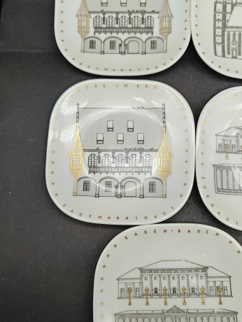 Тарелки декоративные винтажные Gerg. Uhlenhorst "Достопримечательности Германии", сувенирные, 8 шт., фарфор, 15.5 х 10.5 см, Германия, 1980-90гг.