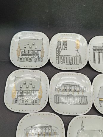 Тарелки декоративные винтажные Gerg. Uhlenhorst "Достопримечательности Германии", сувенирные, 8 шт., фарфор, 15.5 х 10.5 см, Германия, 1980-90гг.