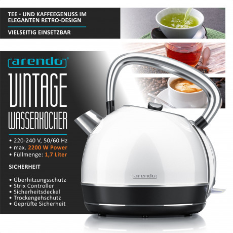 Arendo Arendo Wasserkocher, 1,7 l, 2200 W, Edelstahl, Retro Style Vintage, Uberhitzungs  Trockenkochschutz, weiss  Чайник Arendo, 1,7 л, 2200 Вт, нержавеющая сталь, винтажный стиль ретро, ??защита от перегрева и сухого кипения, белый