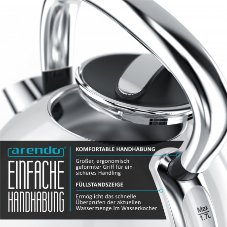 Arendo Arendo Wasserkocher, 1,7 l, 2200 W, Edelstahl, Retro Style Vintage, Uberhitzungs  Trockenkochschutz, weiss  Чайник Arendo, 1,7 л, 2200 Вт, нержавеющая сталь, винтажный стиль ретро, ??защита от перегрева и сухого кипения, белый