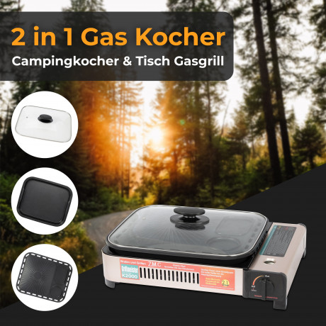 ZMC ZMC Gaskocher 2in1 Gas Kocher Campingkocher Grillplatte Gasgrill Outdoor Camping, (Gaskocher 2.1KW Outdoor Camping Kocher Kochfeld), Herd Tragbarer Tischgrill Grillpfanne+Transportkoffer Газовая плита ZMC, газовая плита 2-в-1, походная плита, гриль,
