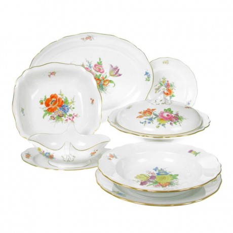 Meissen Meissen 'Neuer Ausschnitt - Bukett mitte bunt mit Goldrand' Tafelservice 6 Personen 22-tlg. Мейсен "Новая огранка - букет посередине пестрый с золотой каймой" Сервиз столовый на 6 персон, 22 штуки.