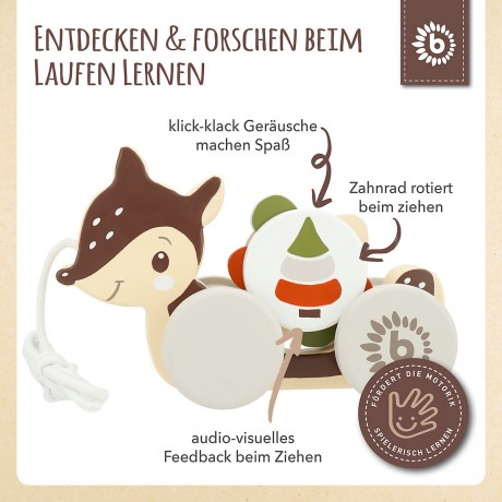 bieco Nachziehspielzeug Holz Reh Kinder Nachziehtier Wald Holzspielzeug ab 1J Ziehtier Nachziehspielzeug Мягкая игрушка "деревянный олень" Детская игрушка "Мягкий лес" Деревянные игрушки от 1 года Мягкая игрушка