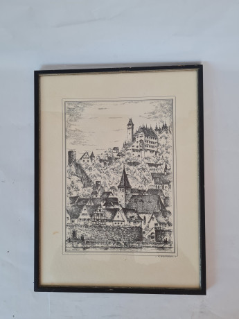 Картина винтажная в черно-белых тонах "г. Хиршхорн" O.W.Pfilze, 31 x 41 см, Германия, 1960-70гг.