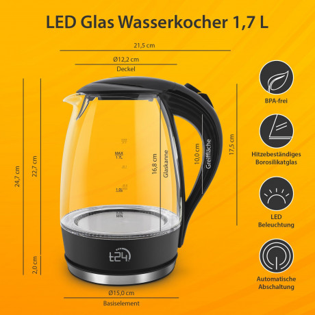 T24 T24 Wasserkocher Glas Wasserkocher 1,7 L BPA frei THV Rheinland GS Zertifiziert, 1.7 l, 2200 W Чайник T24 стеклянный чайник 1,7 л, без BPA, сертифицирован THV Rheinland GS, 1,7 л, 2200 Вт
