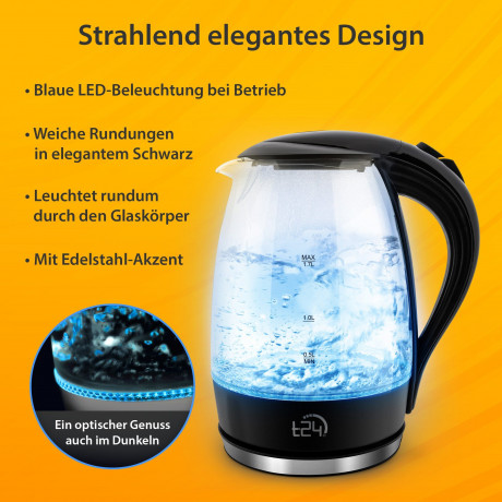 T24 T24 Wasserkocher Glas Wasserkocher 1,7 L BPA frei THV Rheinland GS Zertifiziert, 1.7 l, 2200 W Чайник T24 стеклянный чайник 1,7 л, без BPA, сертифицирован THV Rheinland GS, 1,7 л, 2200 Вт